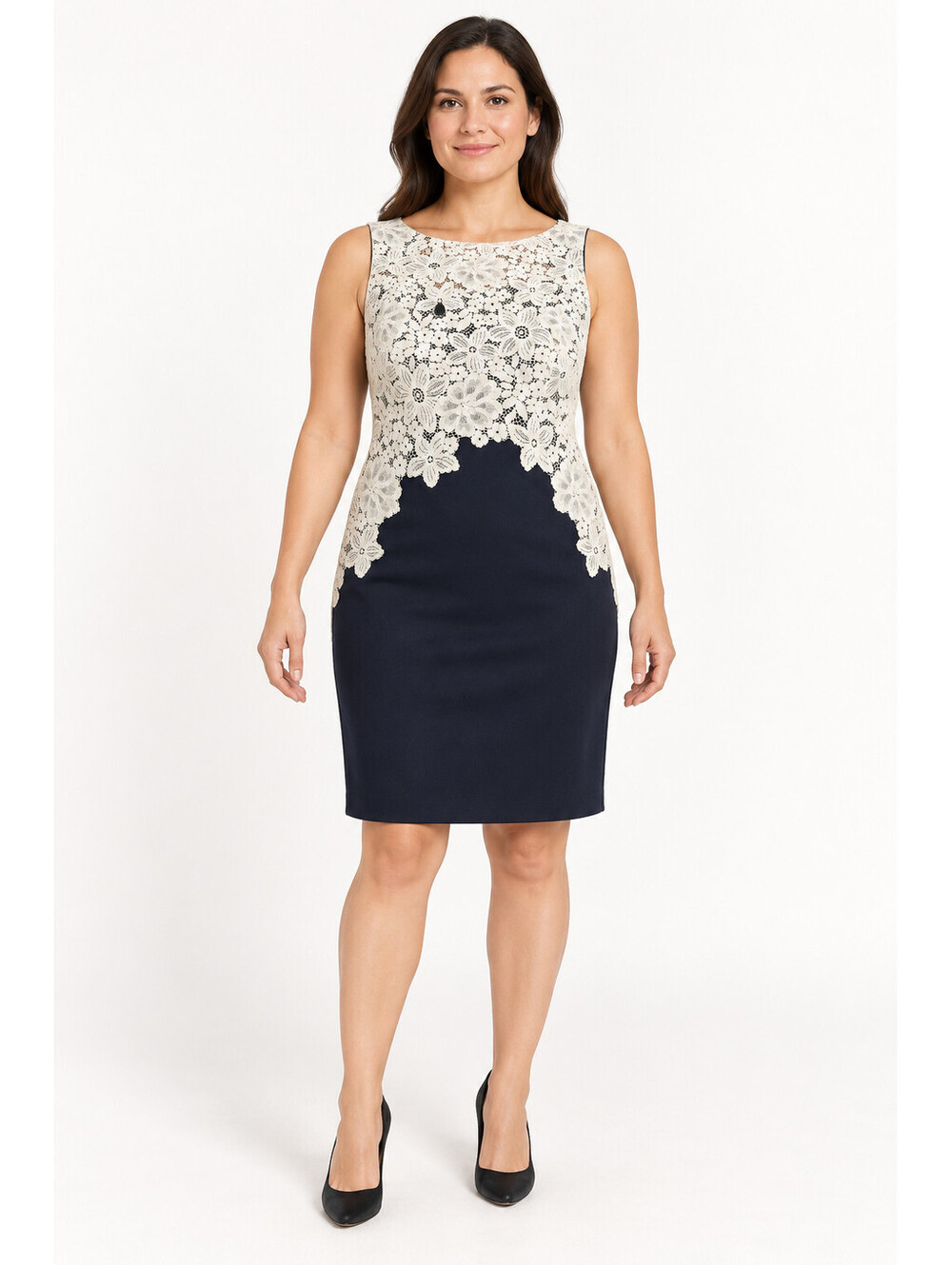 Lauren Ralph Lauren 8P Navy Ivory Floral Lace Applique Cocktail Sheath Dress Mod